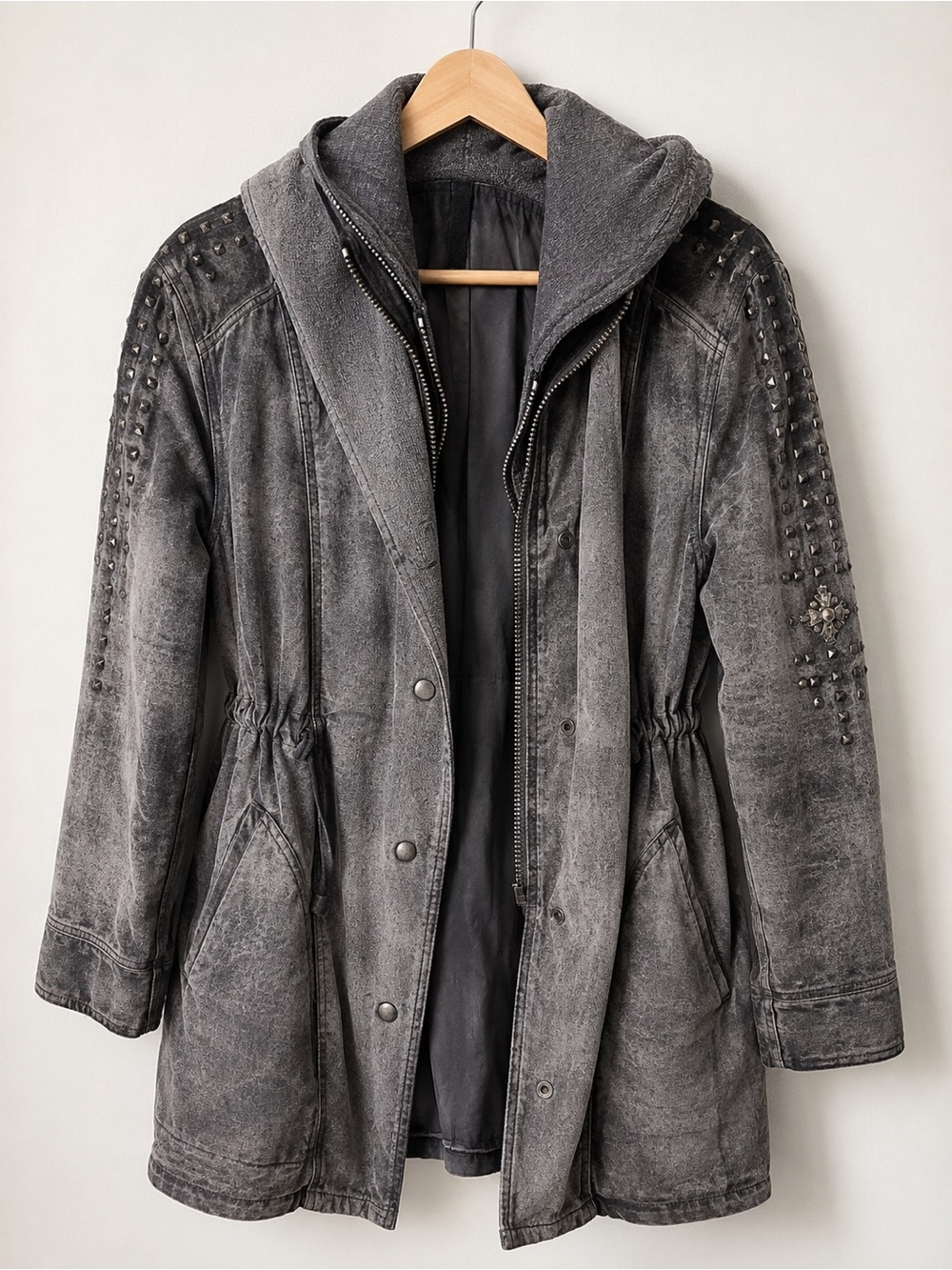 Free People Washed Gray Studded Hooded Women's Jacket